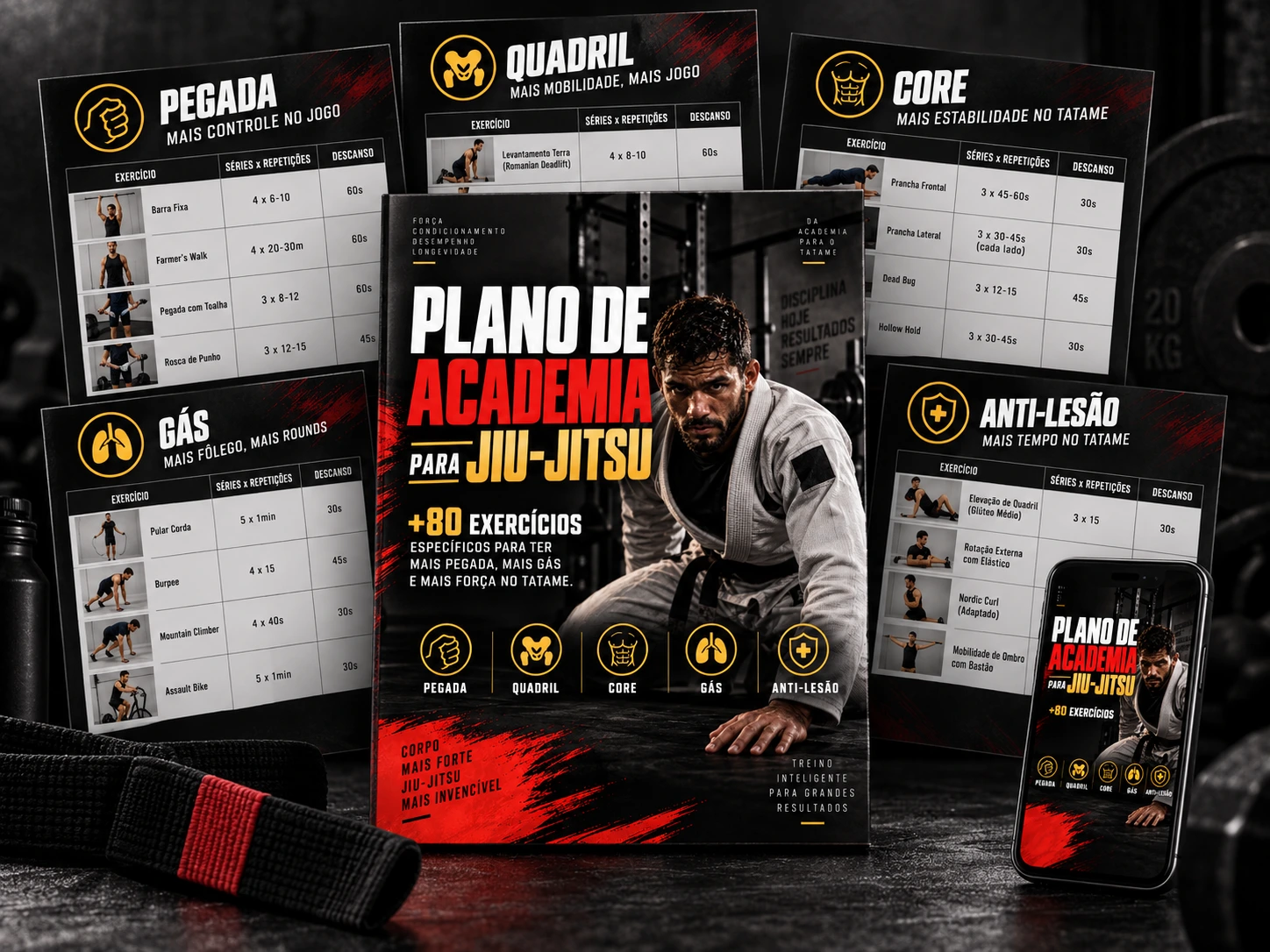 Mockup do Plano de Academia para Jiu-Jitsu com fichas de treino